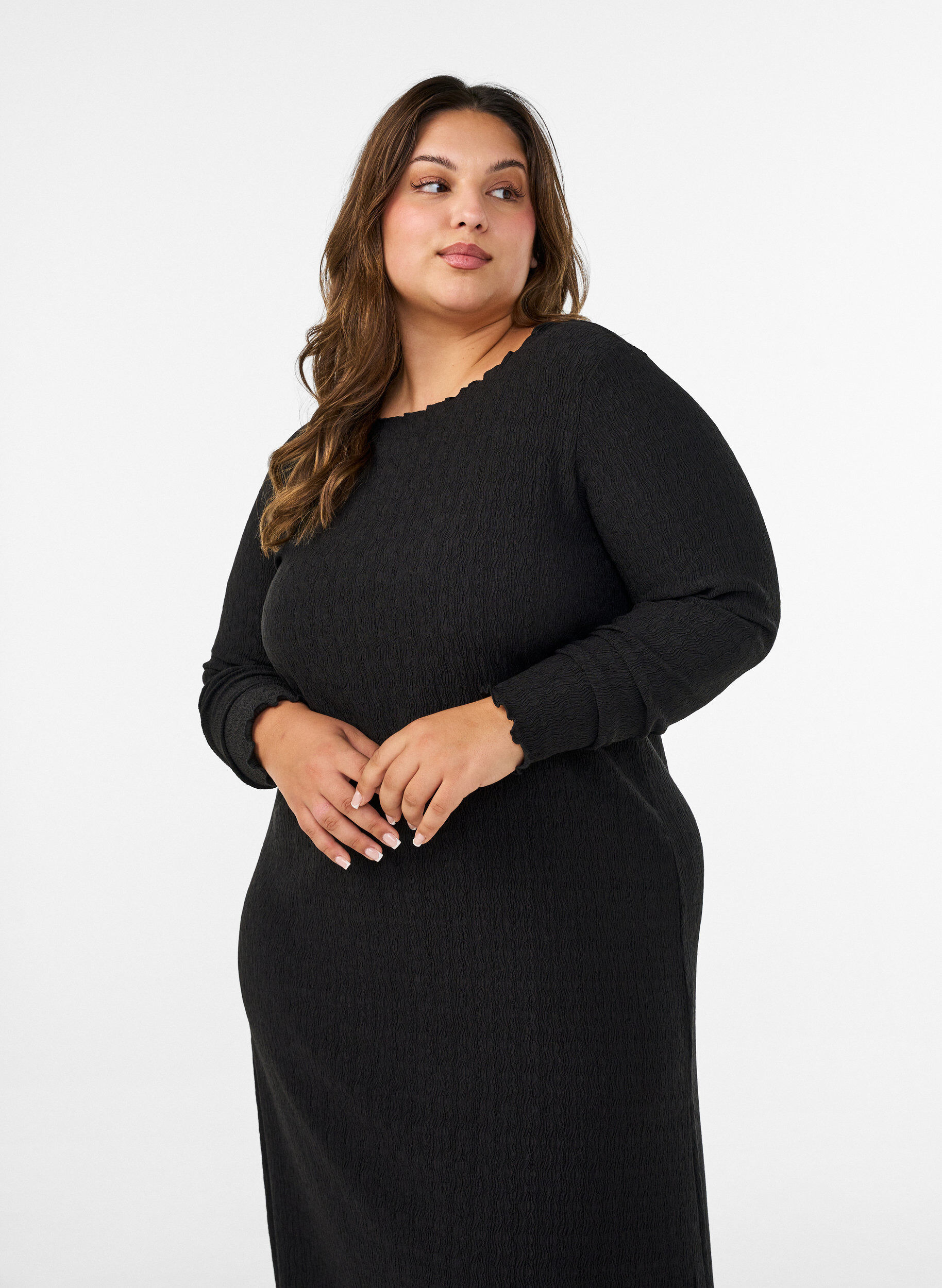 ZizzifashionMidi dress with a wavy texture and long sleeves, Black, Model image number 3