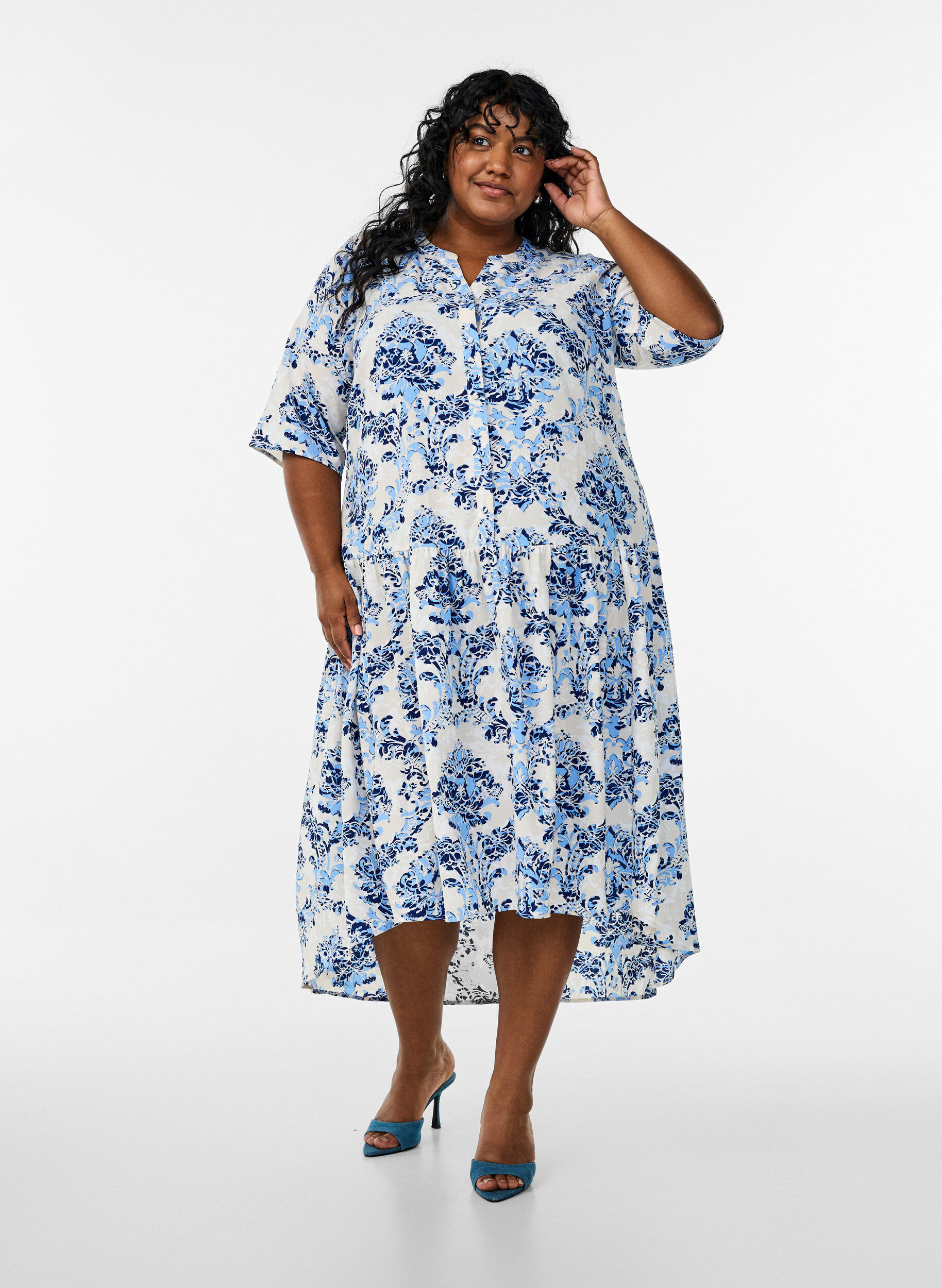 Zizzifashion A-line midi dress with short sleeves, Beige, Model image number 1