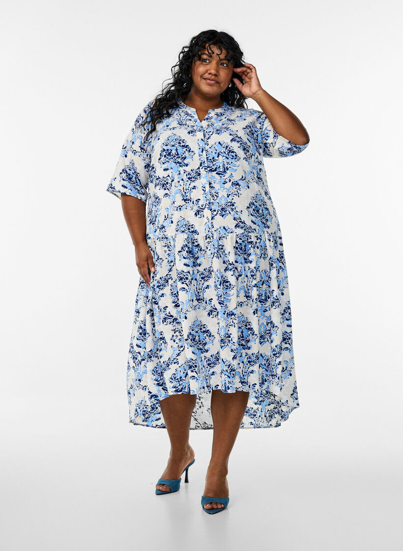 A-line midi dress with short sleeves, Beige, Model image number 1