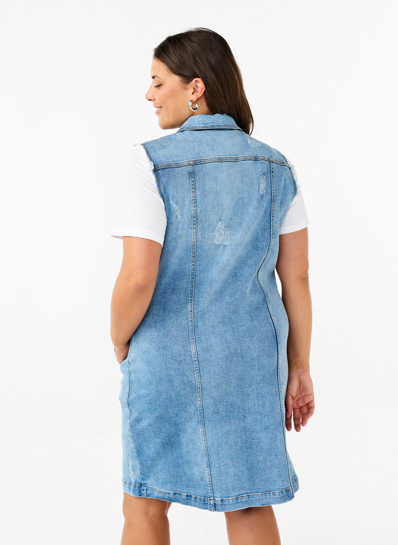 Sleeveless denim dress with raw edge details, Light Blue Denim, Model image number 1