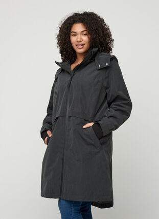 Waterproof jacket with a hood and adjustable waist, Black, Model image number 0