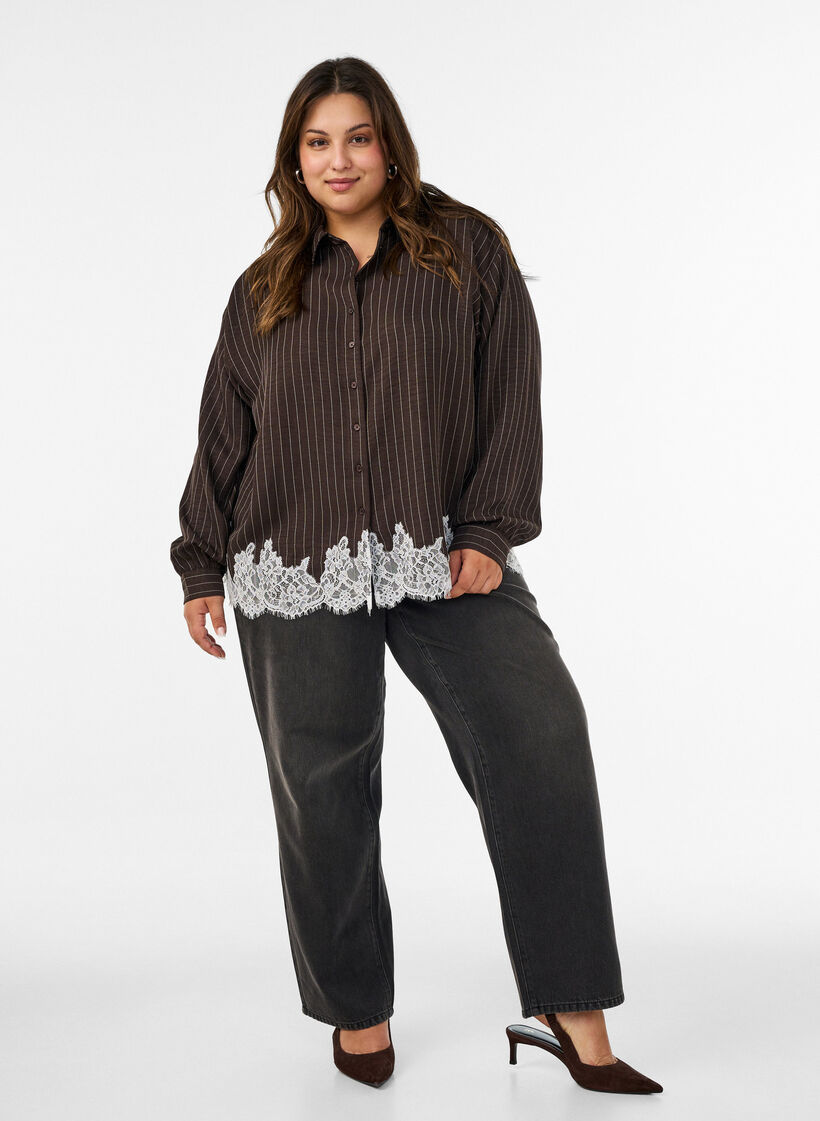 Pinstripe shirt with lace trim, Brown, Model image number 1