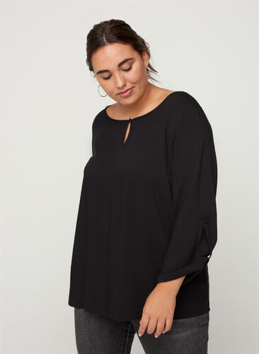 Long-sleeved viscose blouse with a round neck, Black, Model image number 0