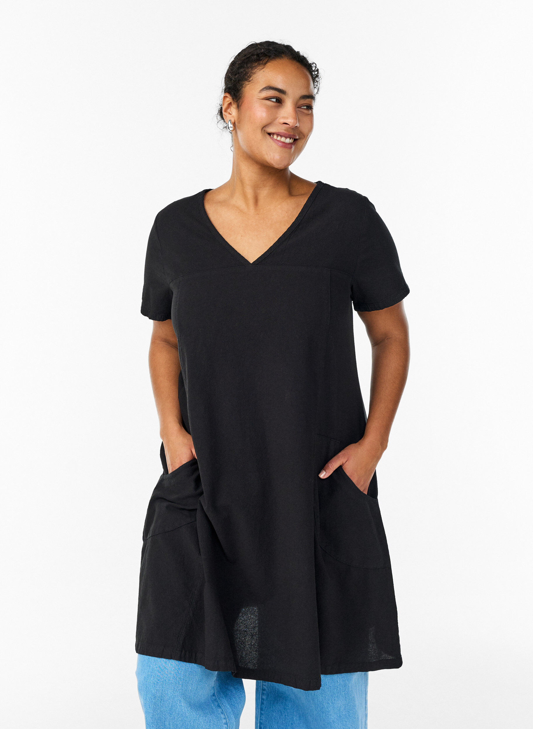 ZizzifashionShort-sleeved cotton dress, Black, Model image number 0