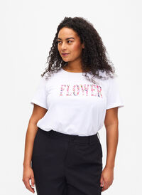 Cotton T-shirt with text print, B. White w. Flower, Model