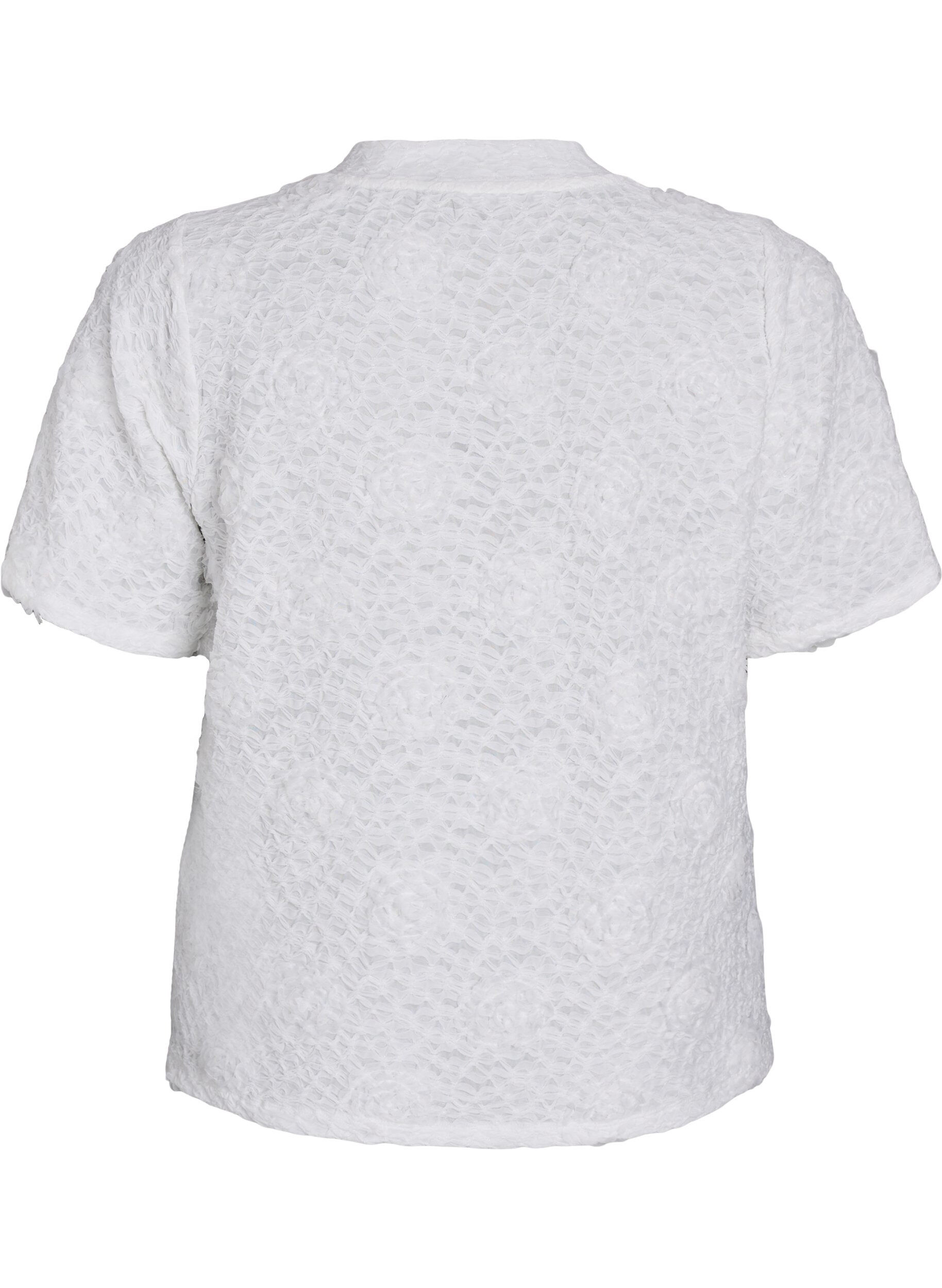 Zizzifashion Blouse with 3D flowers and short sleeves, White, Packshot image number 1