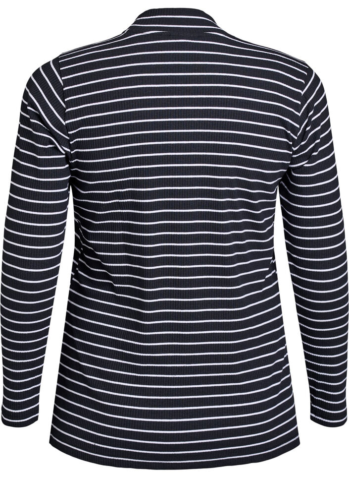 Striped ribbed jersey blouse with a high neck, Black, Packshot image number 1