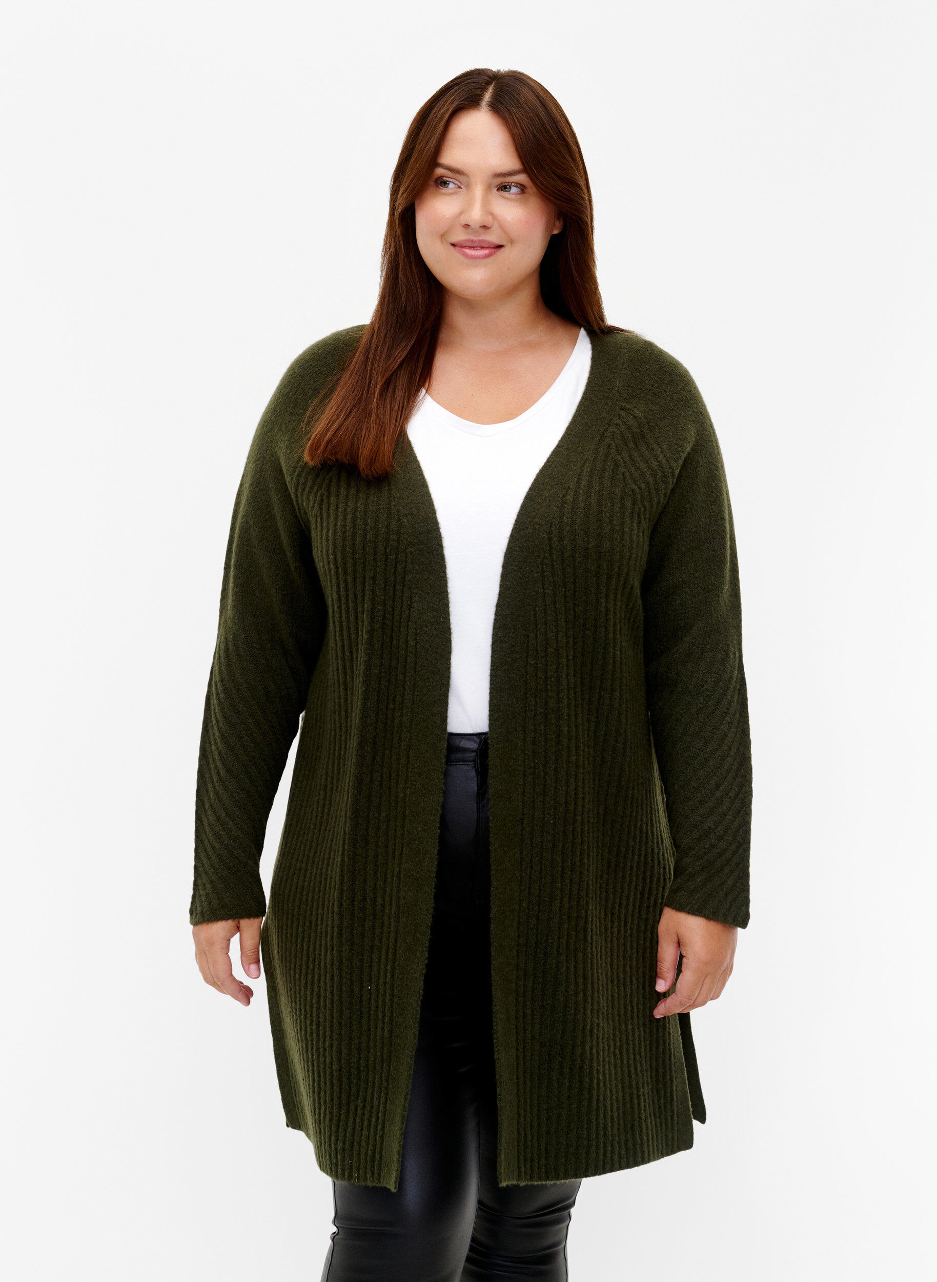 Zizzifashion Long rib-knit cardigan, Forest Night Mel., Model image number 0
