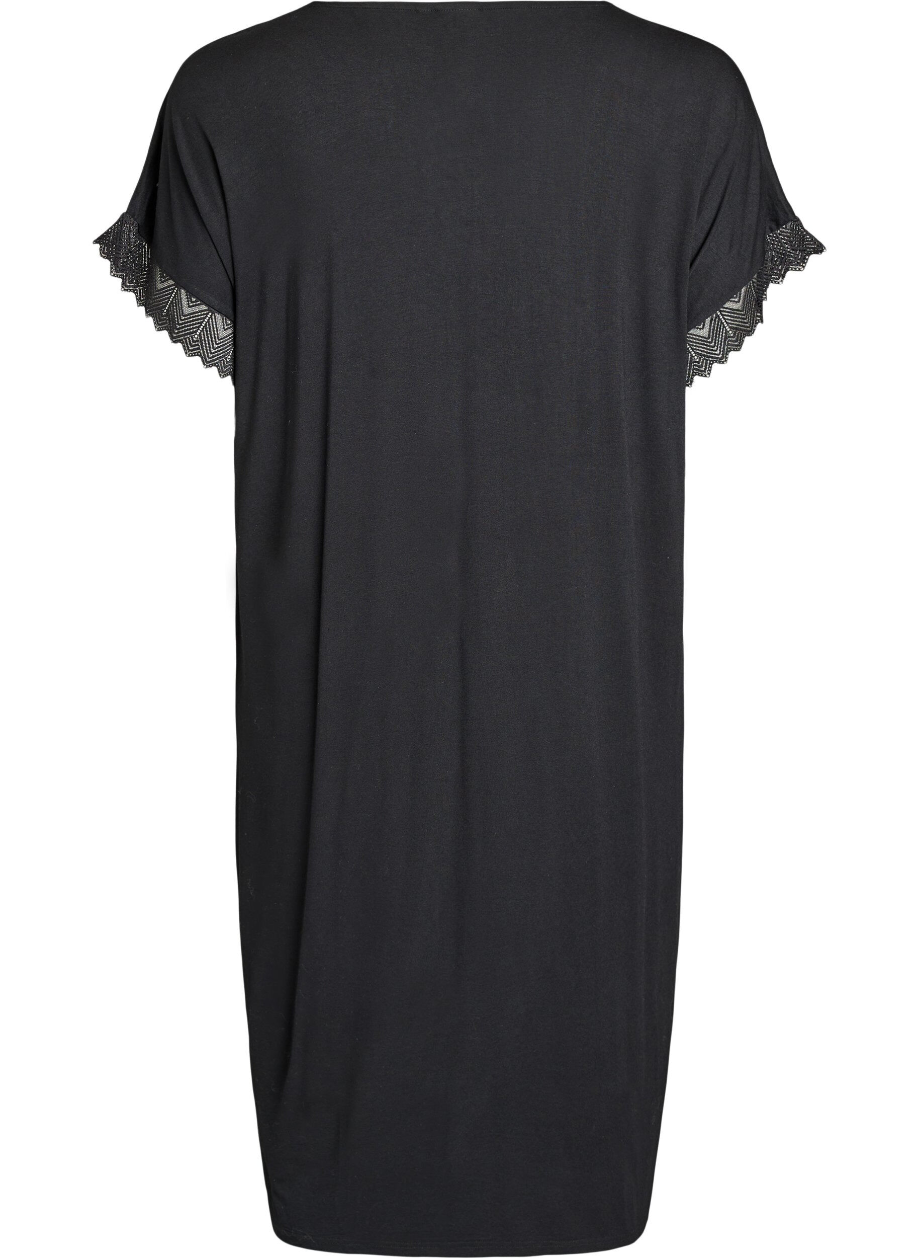 Zizzifashion Viscose nightgown with short sleeves and lace trim, Black, Packshot image number 1