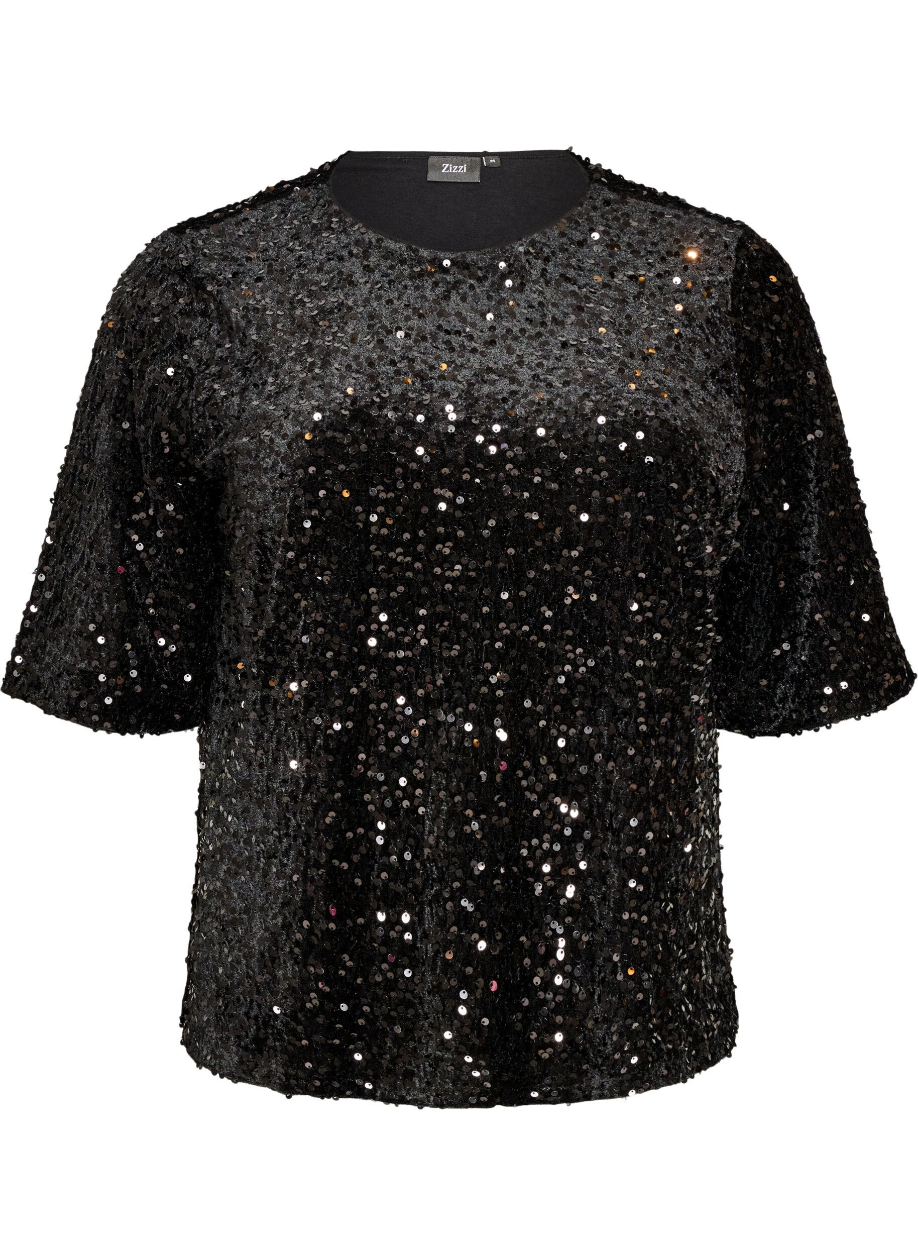 ZizzifashionSequin blouse with elbow-length sleeves, Black, Packshot image number 0