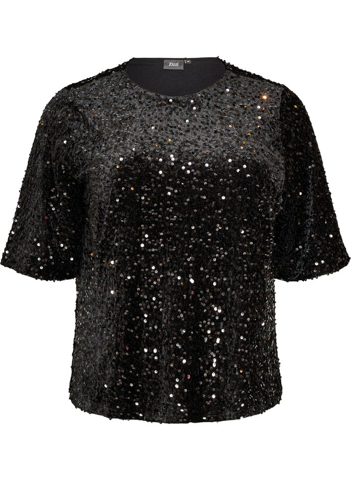 Sequin blouse with elbow-length sleeves, Black, Packshot image number 0