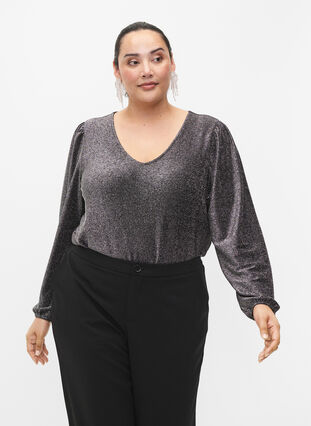 Glitter blouse with puff sleeves, Black Silver, Model image number 0
