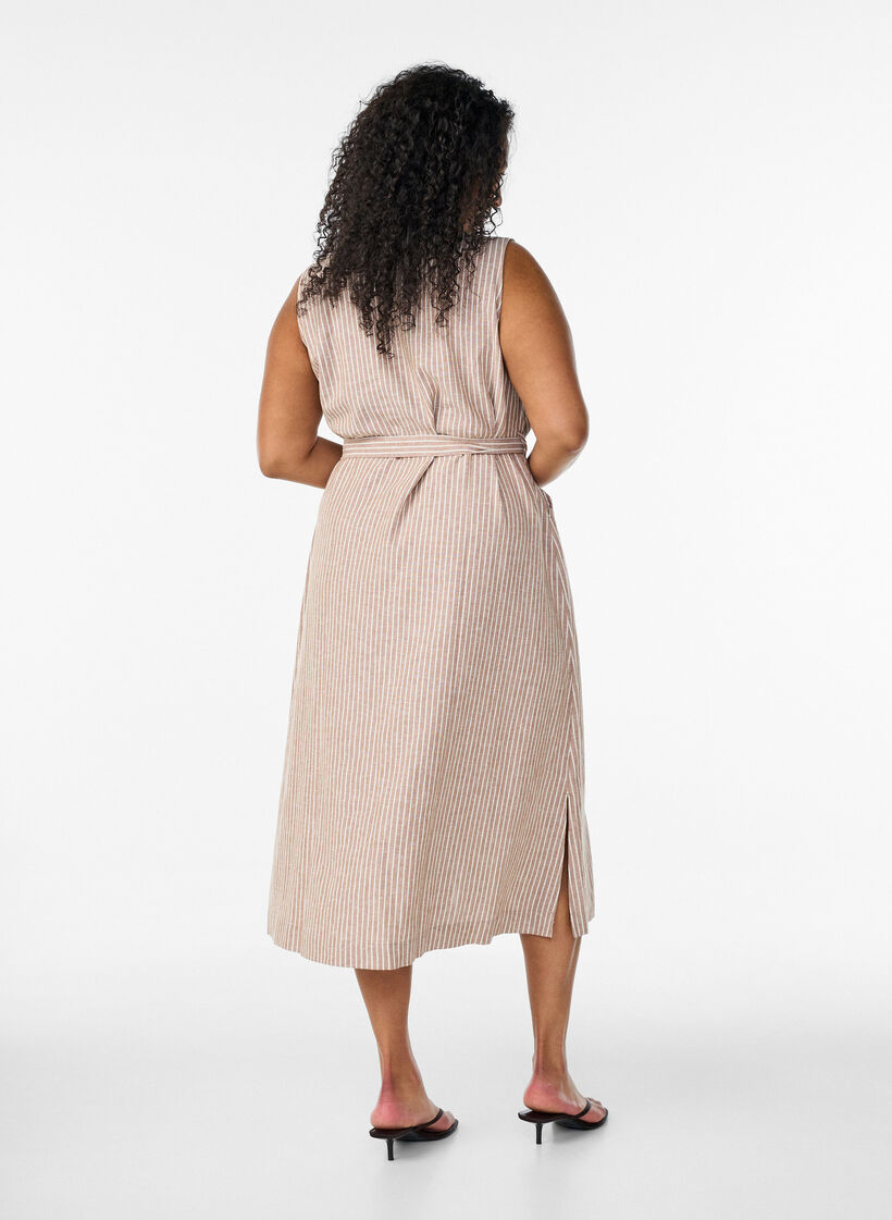 Sleeveless striped midi dress in linen and viscose, Beige, Model image number 1