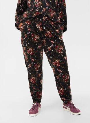 Floral print velour trousers with pockets, Flower AOP, Model image number 2