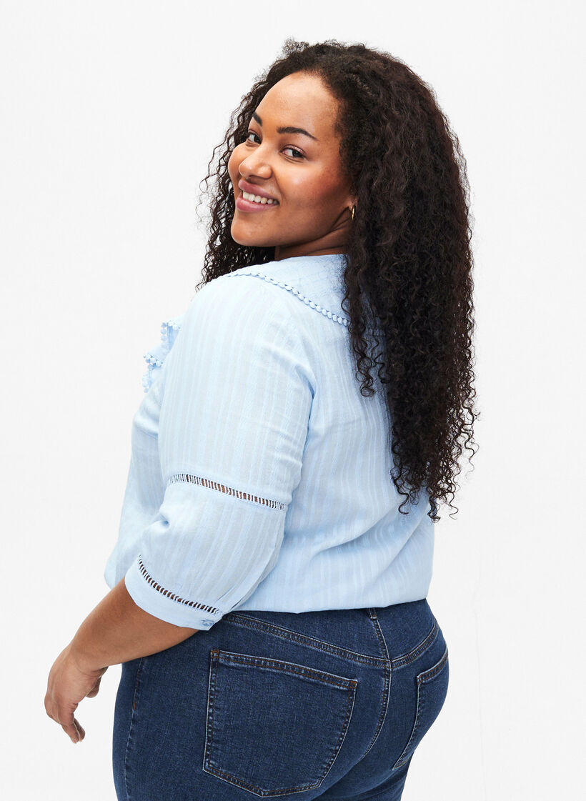 Blouse with 3/4 sleeves and lace, Chambray Blue, Model image number 1