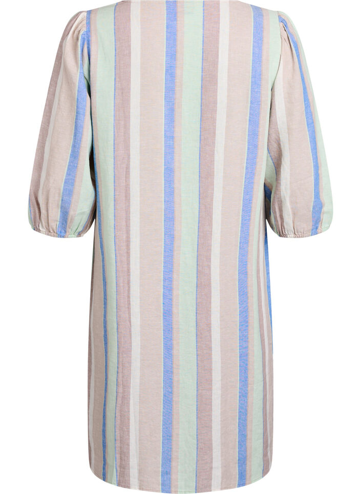 Short dress in linen and viscose with 3/4 sleeves, Blue, Packshot image number 1