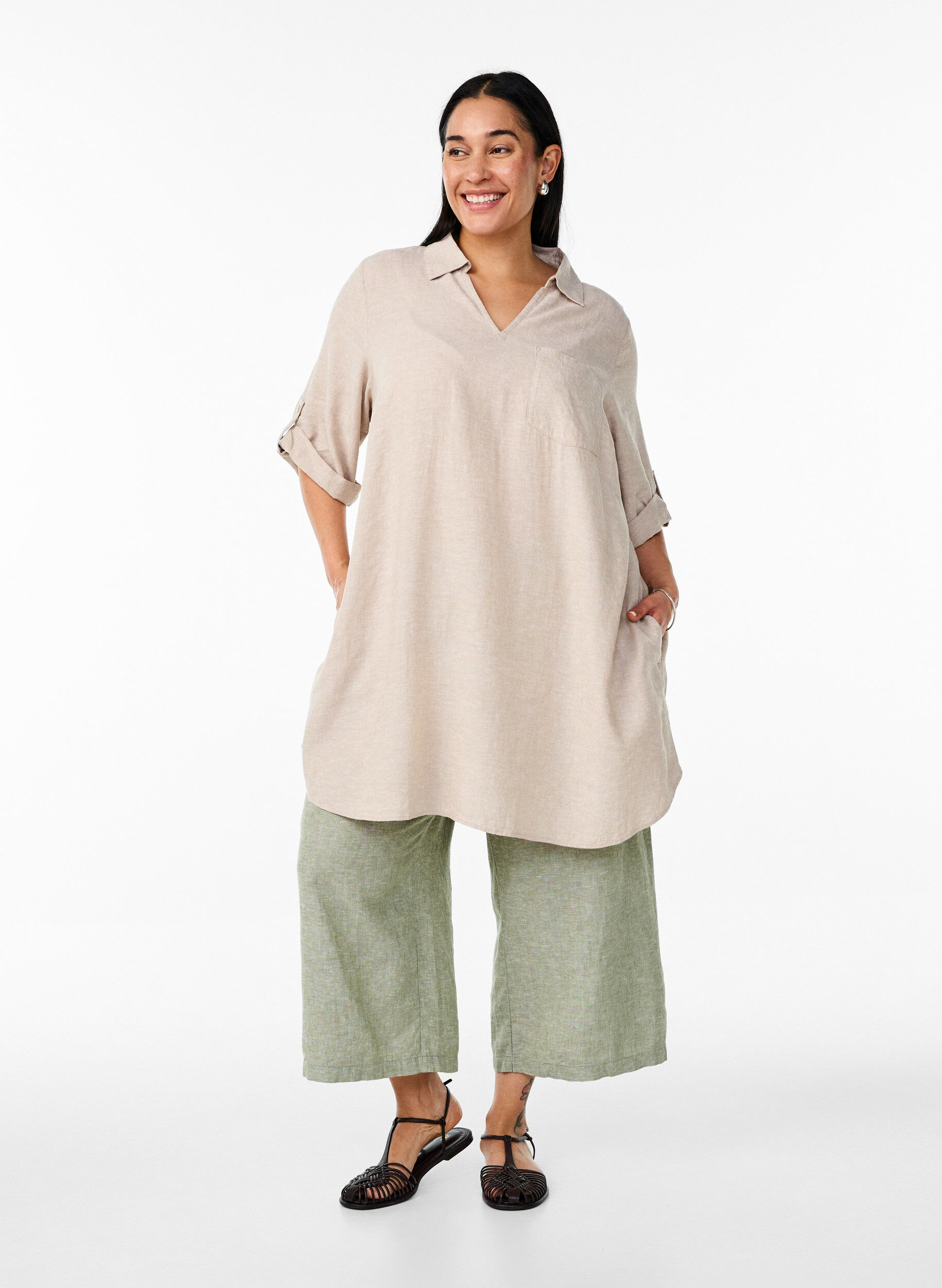 Zizzifashion Linen and viscose tunic with A-shape, Beige, Model image number 1