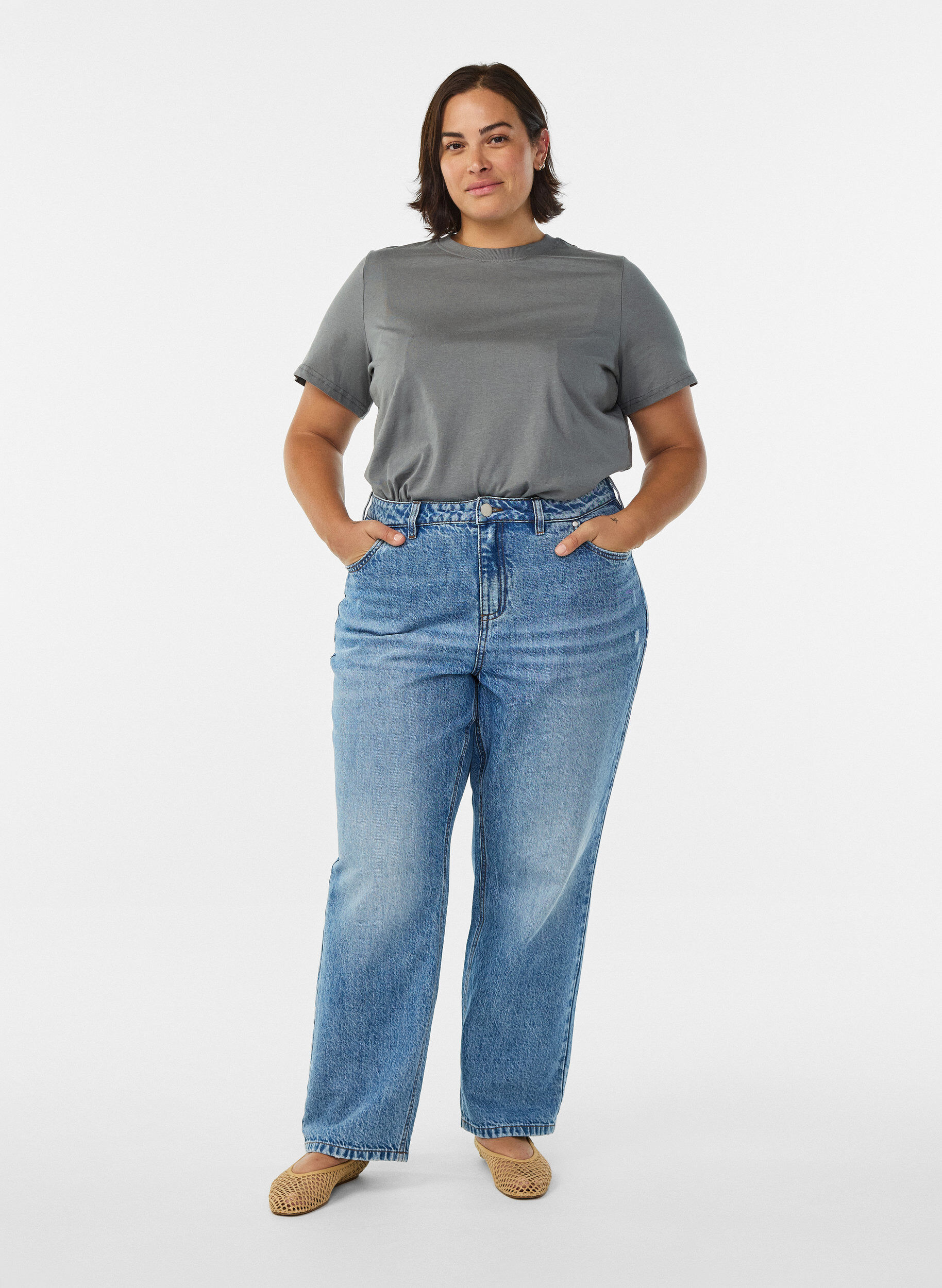 ZizzifashionBasic cotton T-shirt with round neck, Grey, Model image number 1