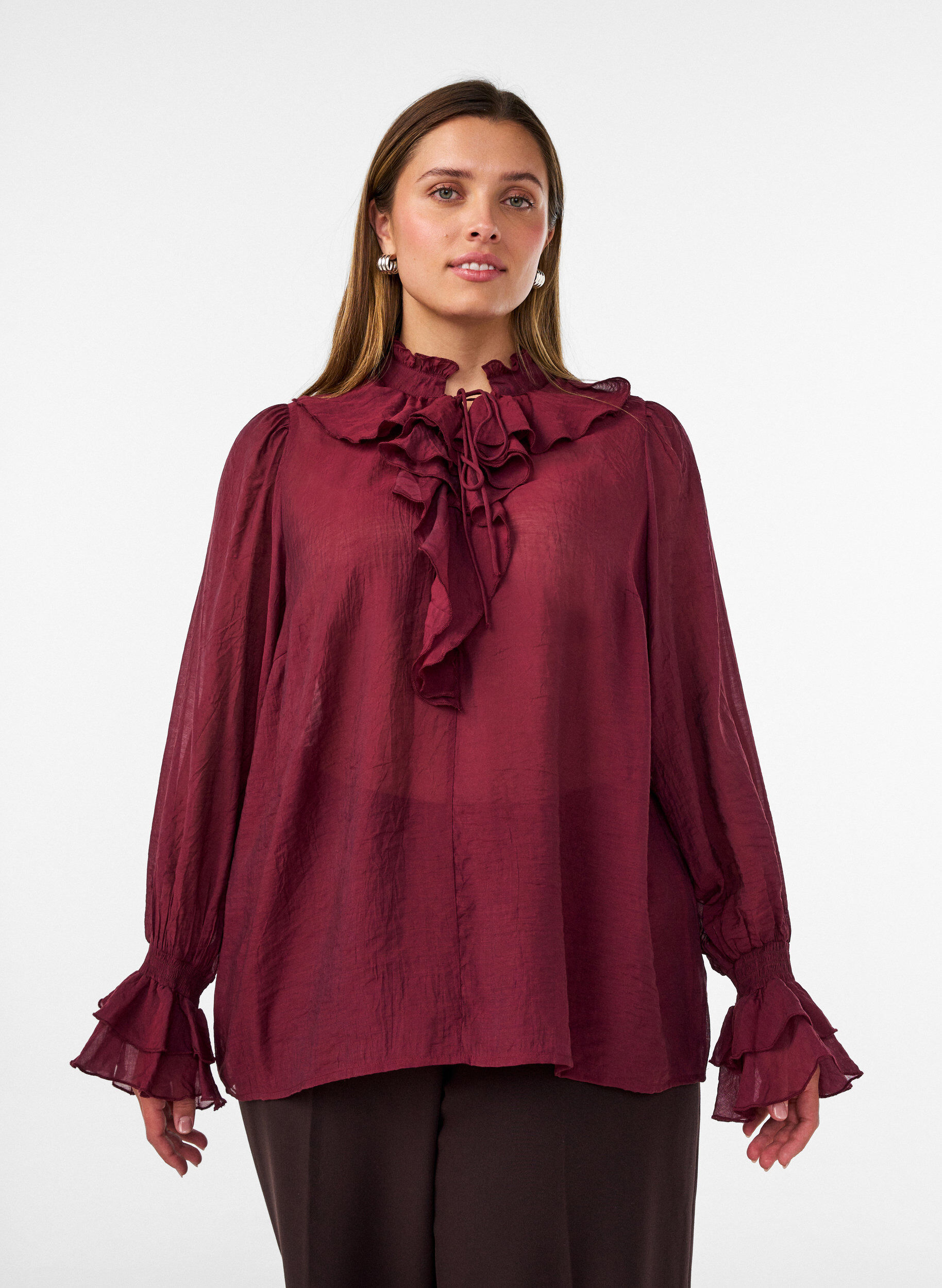 ZizzifashionViscose blouse with ruffles and long sleeves, Red, Model image number 0