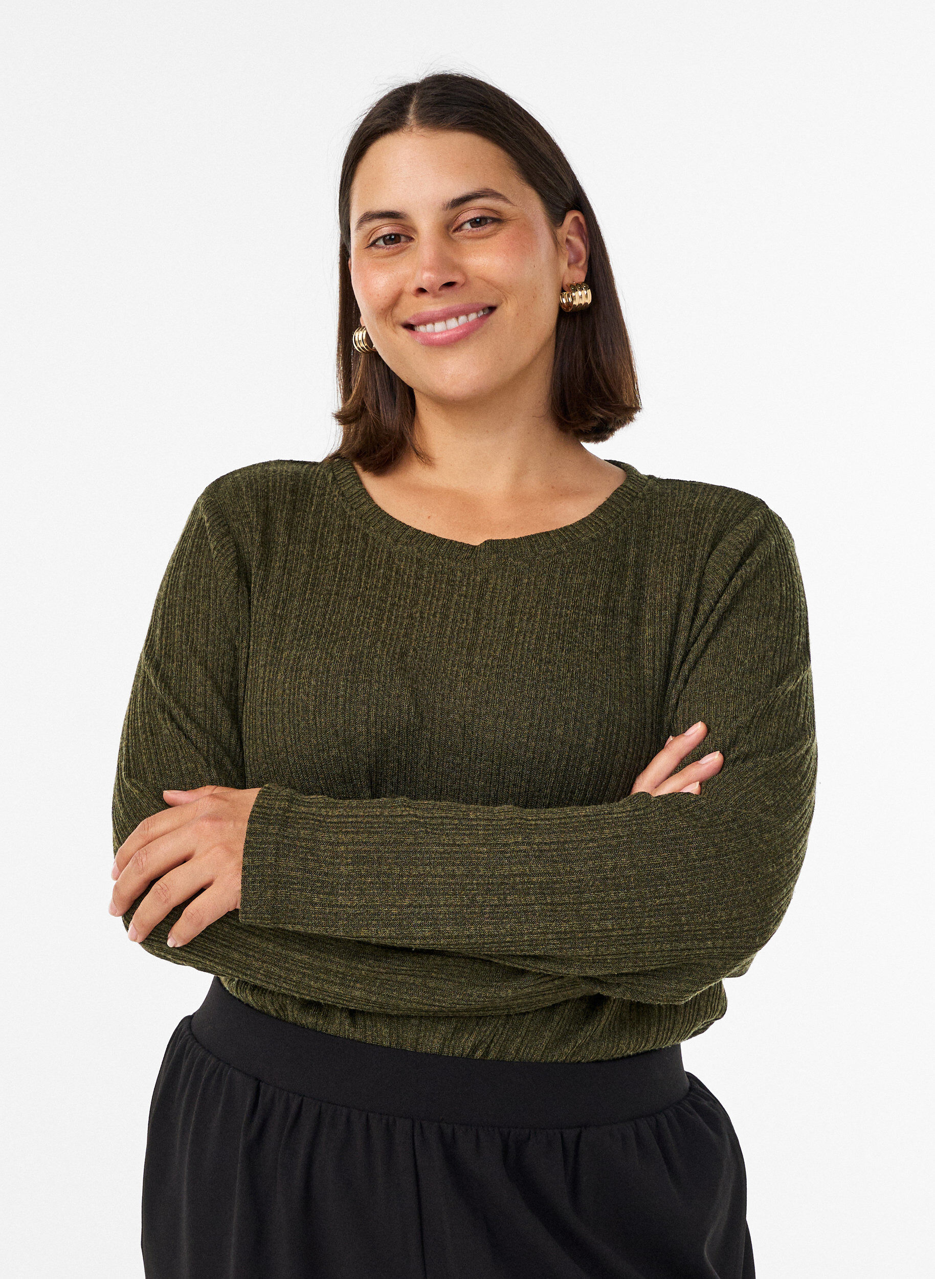 Jersey blouse with ribbed structure and long sleeves, Green, Model