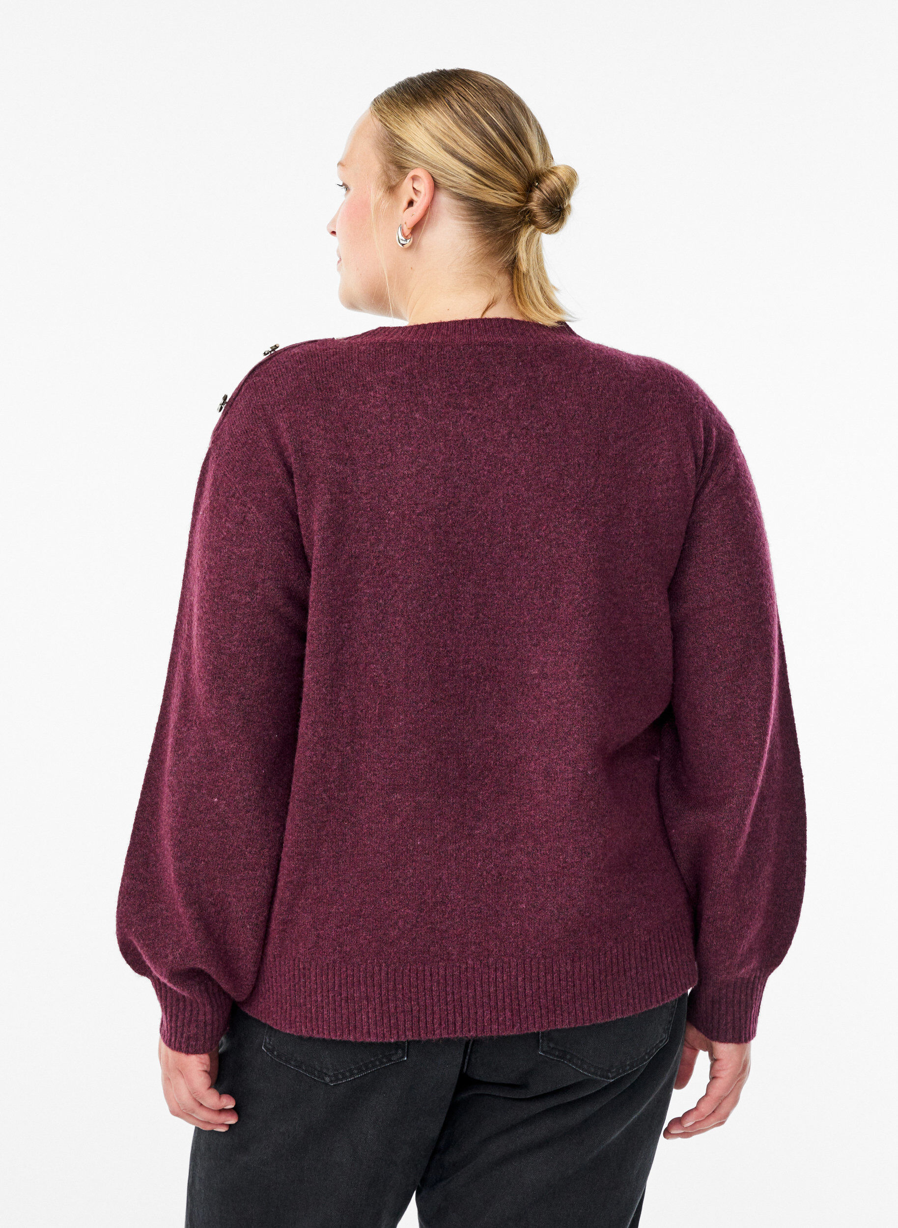ZizzifashionKnit blouse with button detail, Dark Bordeaux, Model image number 2