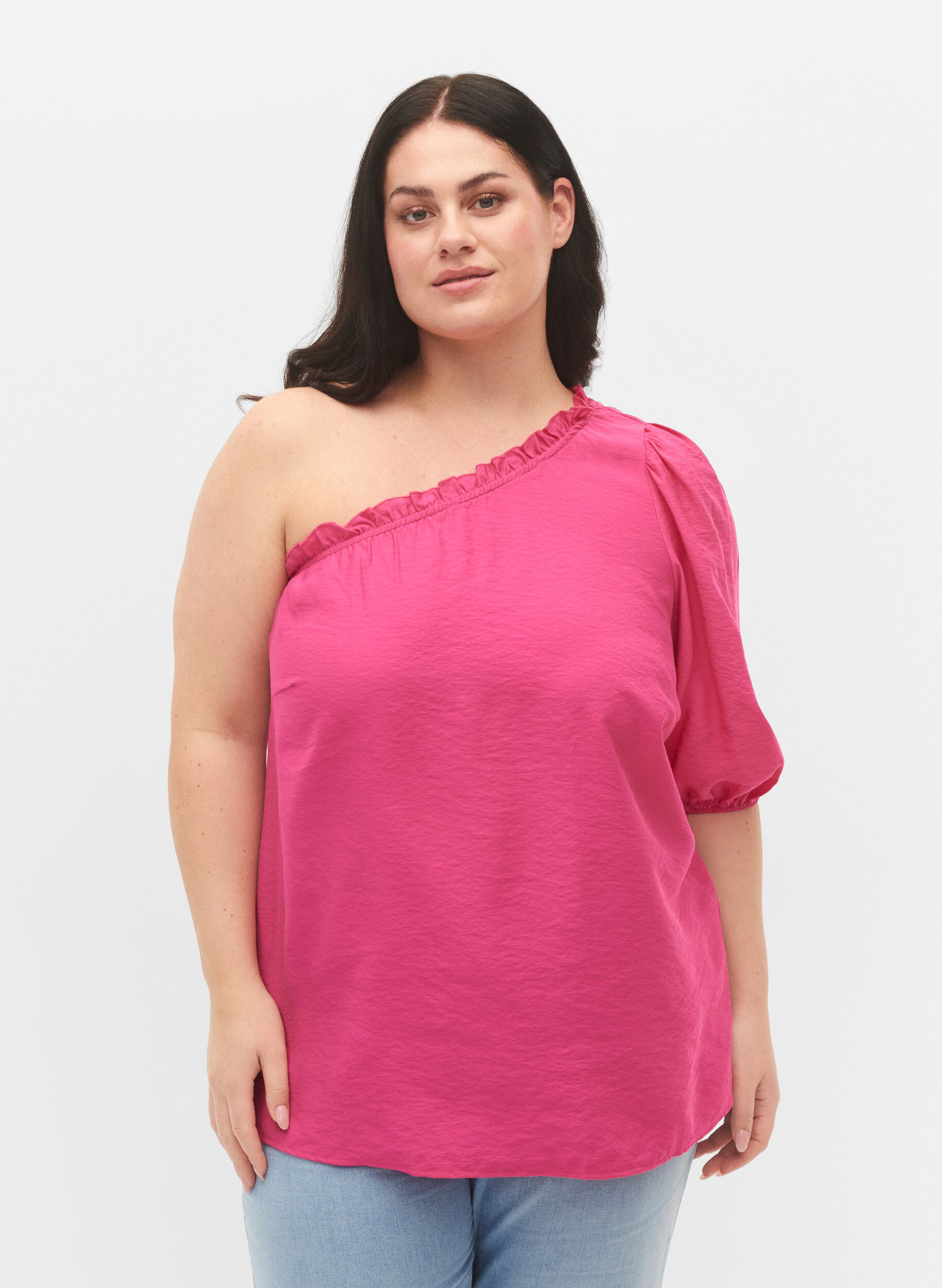 Zizzifashion One-shoulder blouse in viscose, Pink, Model image number 0