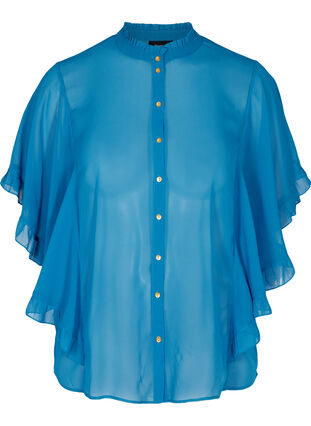 Short-sleeved blouse with ruffles, Blue ASS, Packshot image number 0