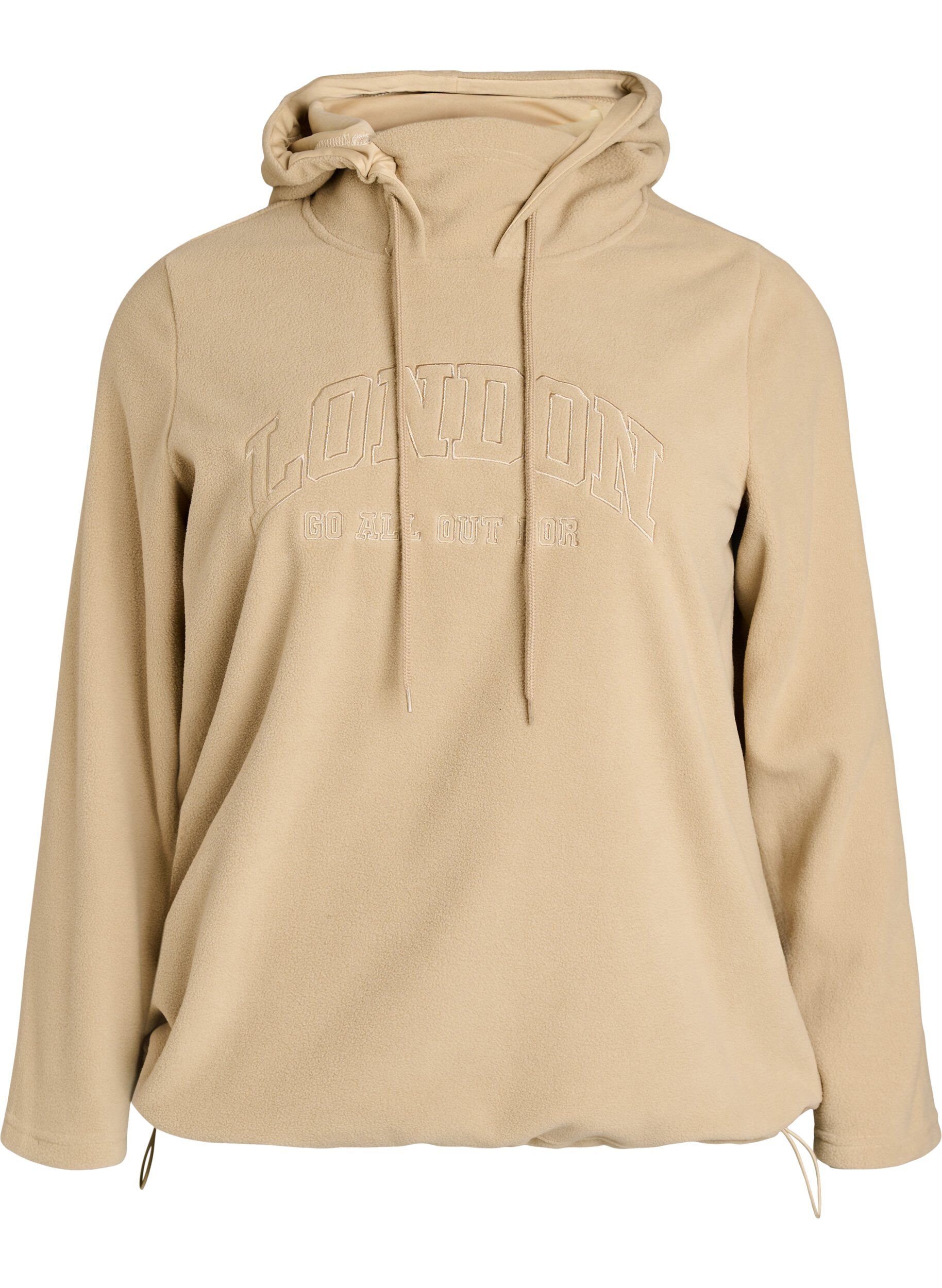 ZizzifashionFleece hoodie with a high neck and embroidered text, Beige, Packshot image number 0