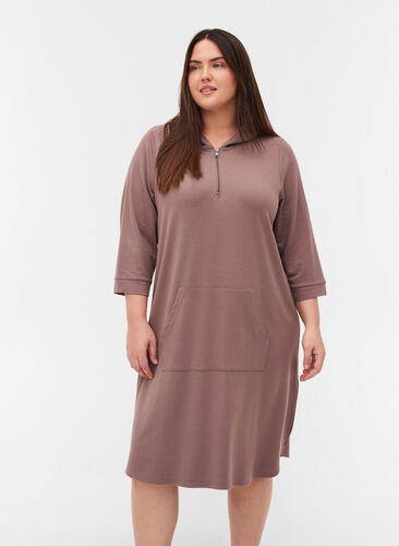 Sweater dress with hood and pockets, Deep Taupe, Model image number 0