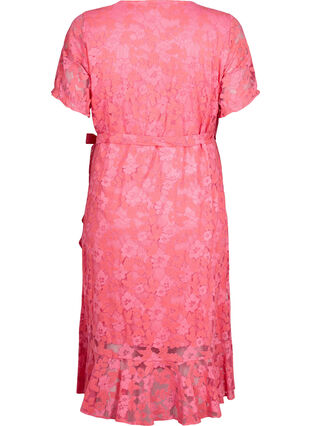 Wrap dress with lace and short sleeves, Pink Carnation, Packshot image number 1