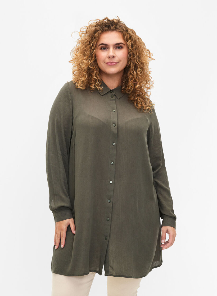 Long viscose shirt with long sleeves, Green, Model image number 0