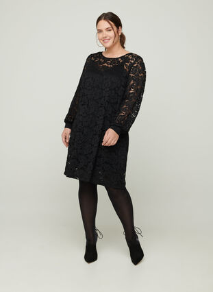 Long-sleeved lace dress with a round neck, Black, Model image number 2