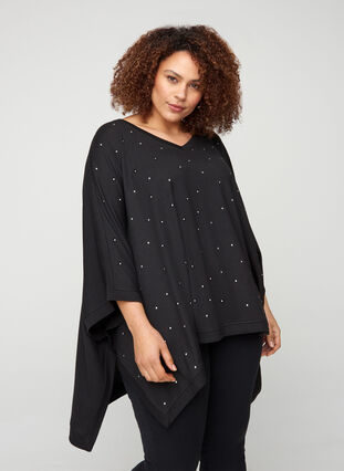 Poncho with jewels and a V-neck, Black, Model image number 0