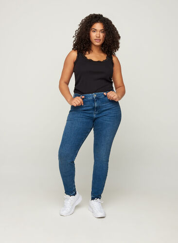 Super slim Amy jeans with frayed edges, Blue denim, Model image number 0