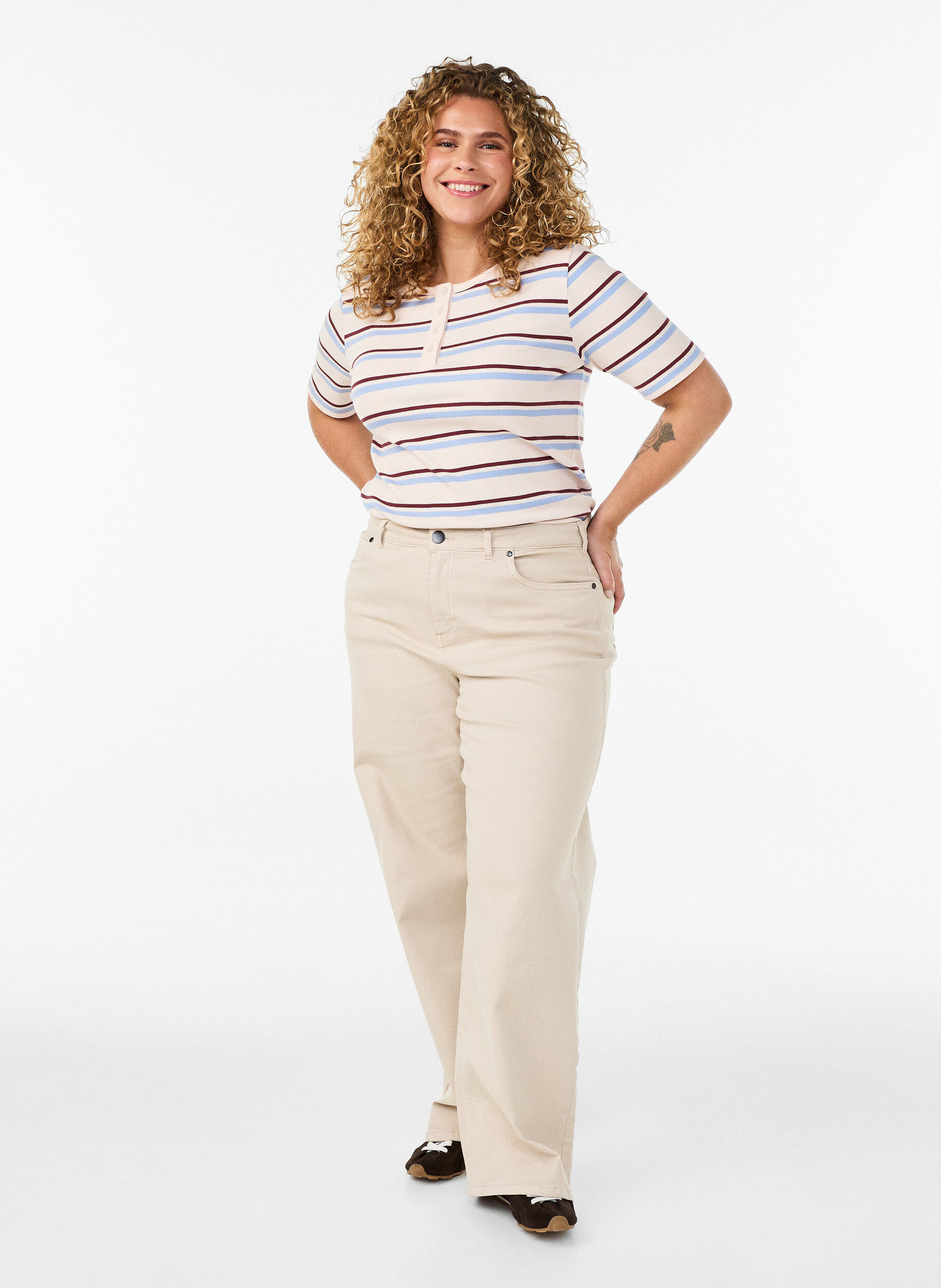 Zizzifashion Rib T-shirt with stripes and button detail, Purple, Model image number 1