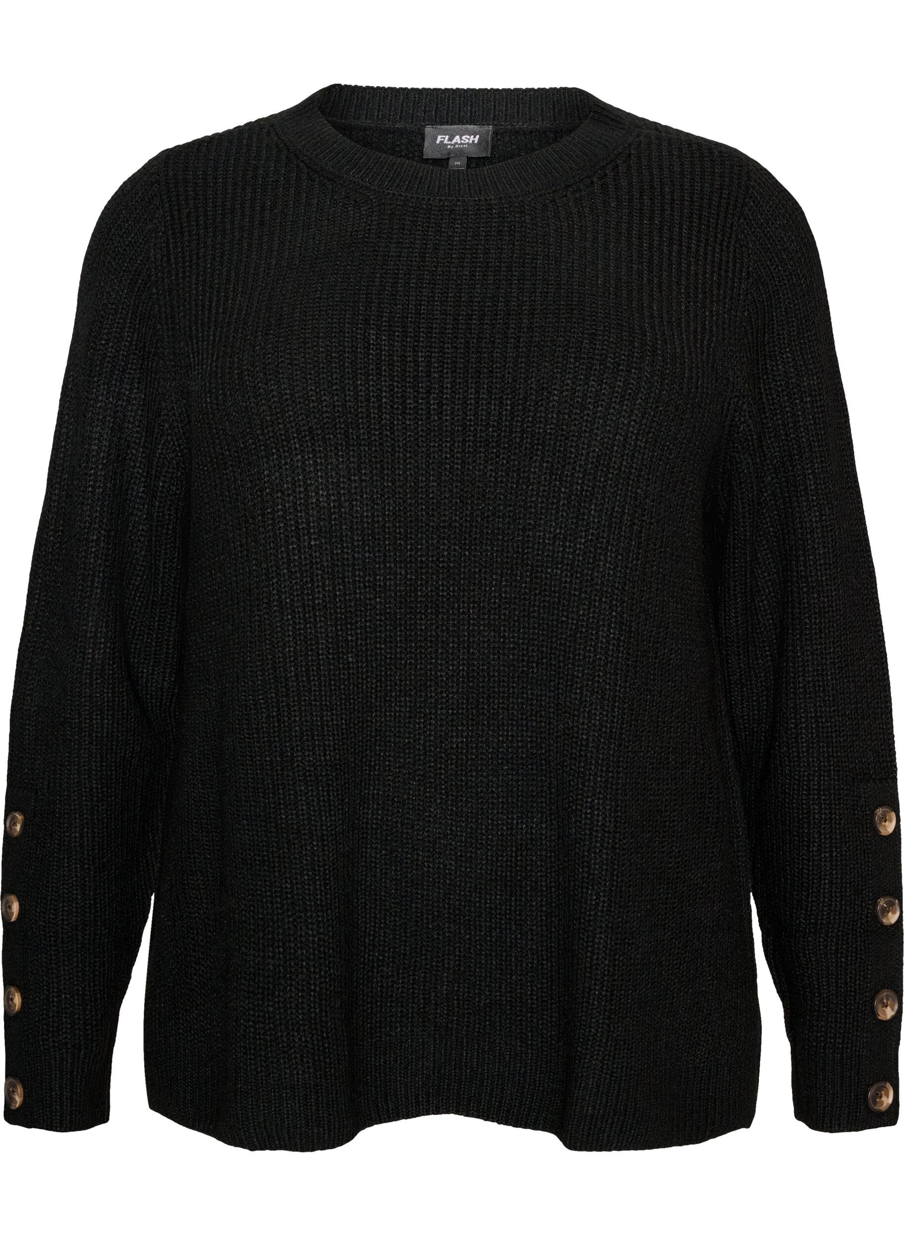ZizzifashionKnitted blouse with ribbed texture and button details, Black, Packshot image number 0