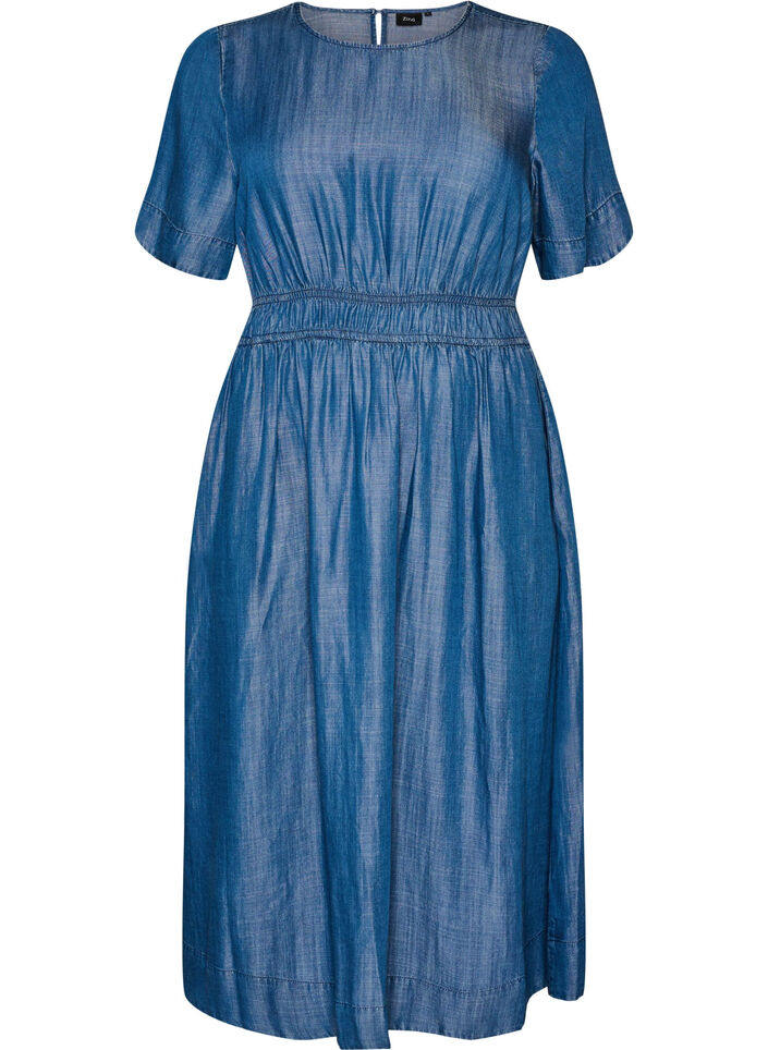 Midi dress in a denim look with an elasticated waist, Blue, Packshot image number 0