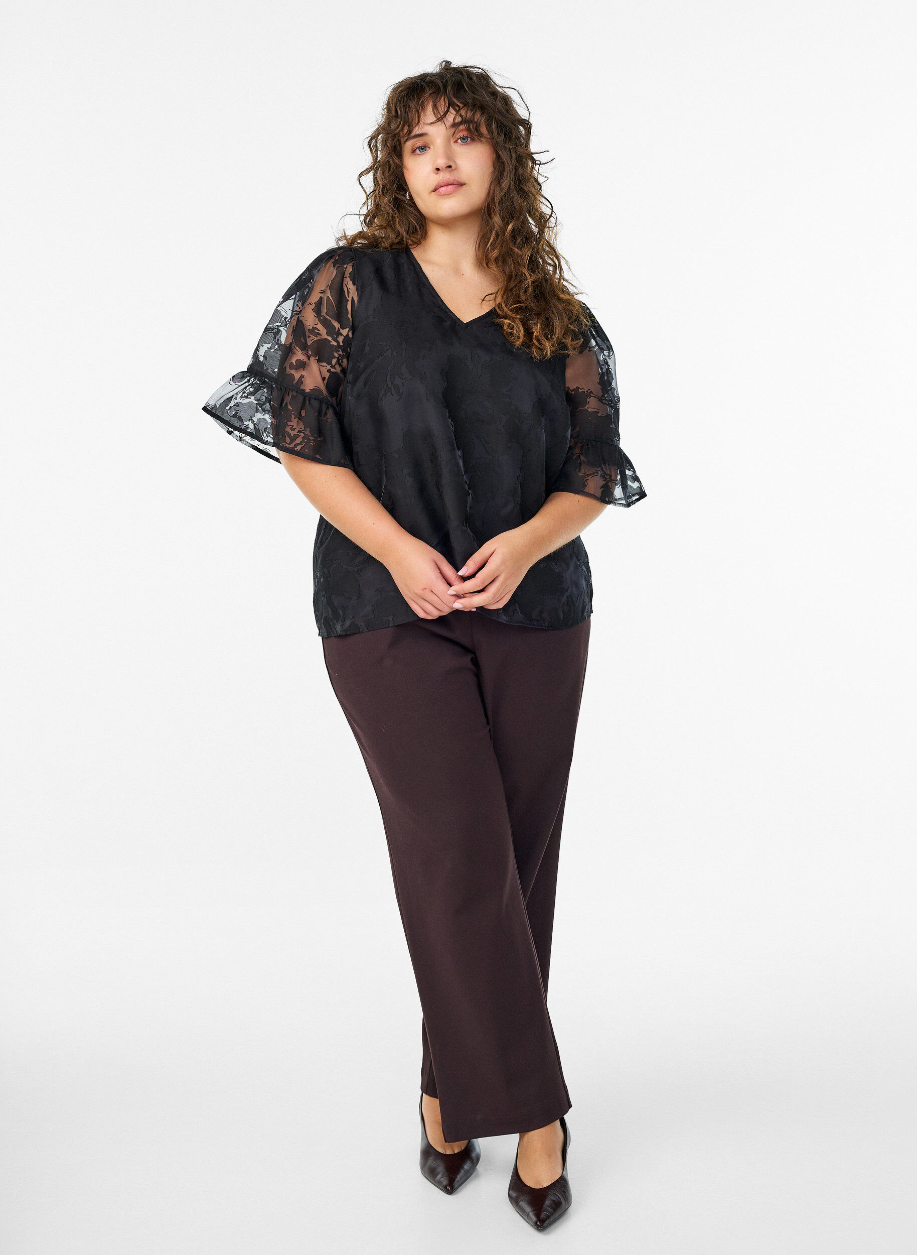 Zizzifashion Organza-look party blouse with a tone-on-tone pattern, Black, Model image number 1