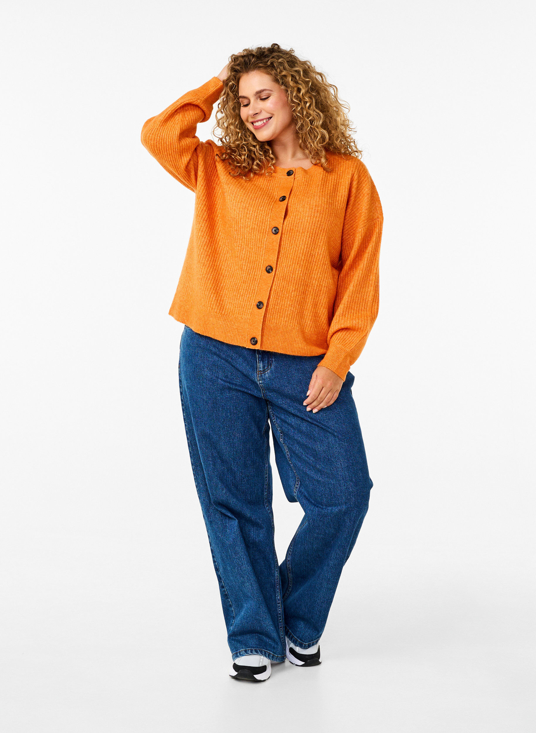 Zizzifashion Rib knit cardigan with buttons, Orange, Model image number 1