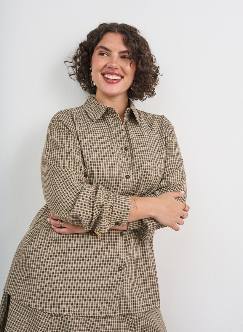Shirt with small check pattern and rhinestones, Brown, Model image number 0