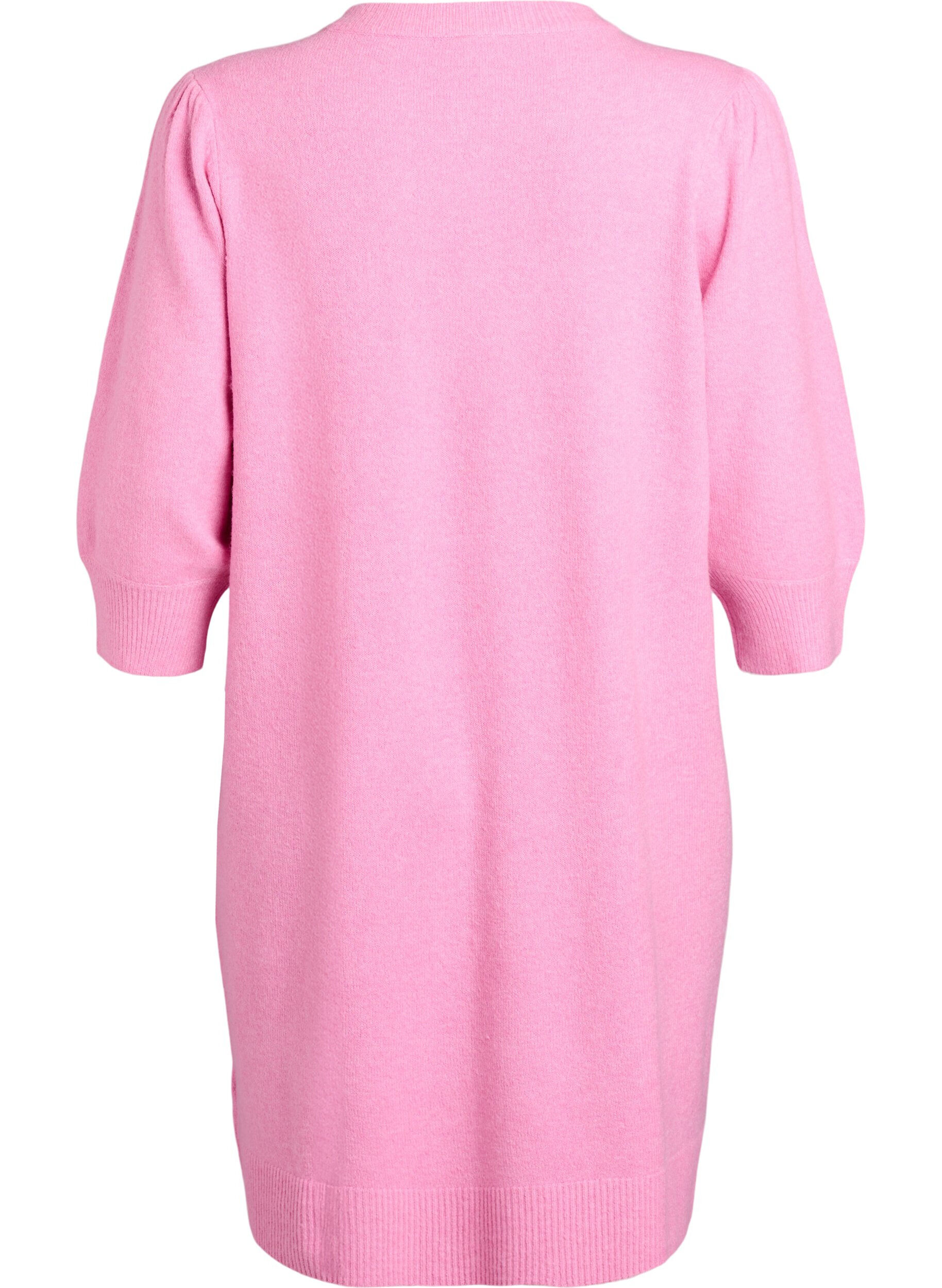 Zizzifashion Knitted dress with 3/4 sleeves and a round neck, B. Pink White Mel., Packshot image number 1