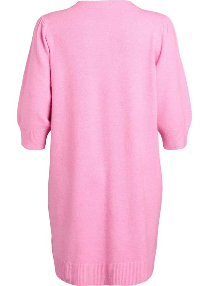 Knitted dress with 3/4 sleeves and a round neck, B. Pink White Mel., Packshot image number 1