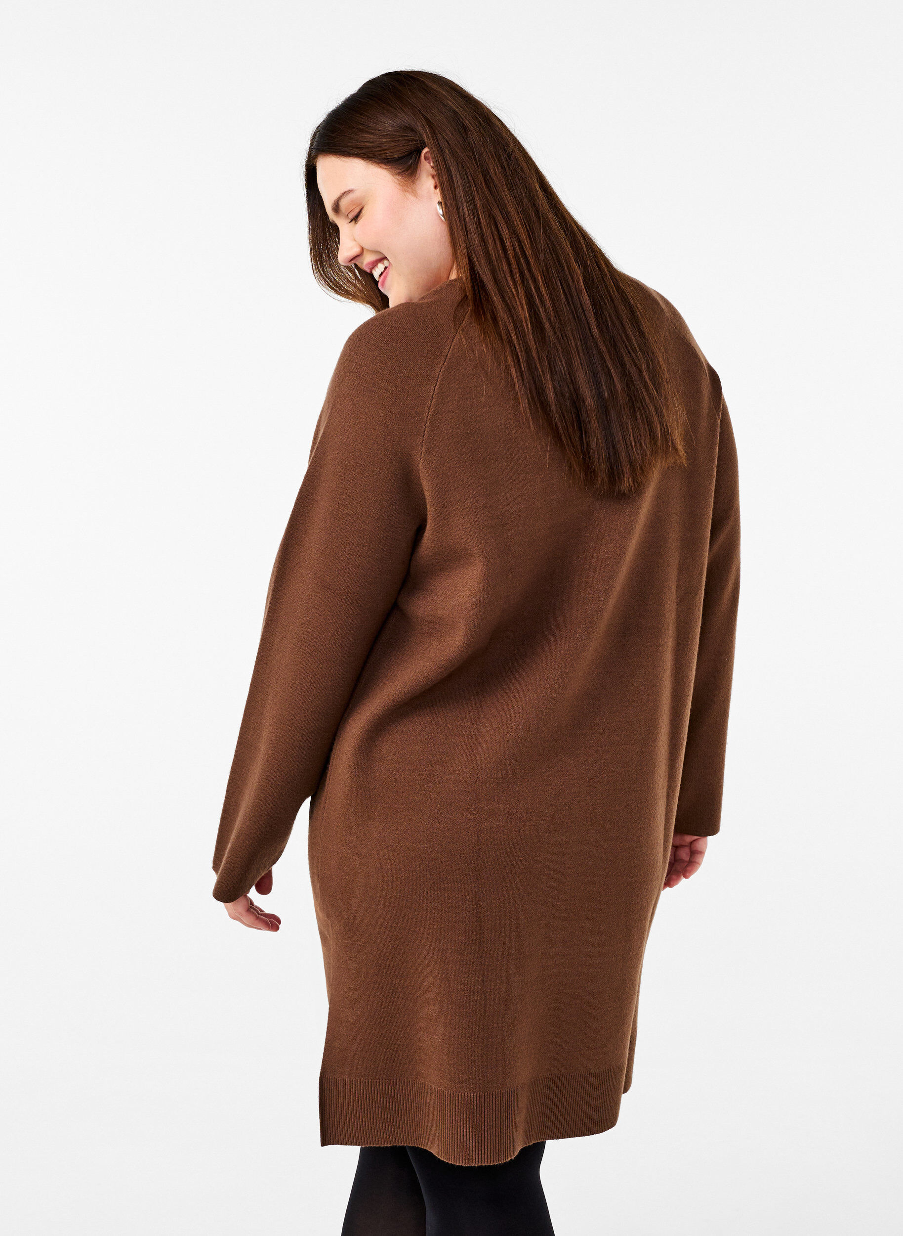 Zizzifashion Knitted dress with a round neck and slit, Brown, Model image number 2