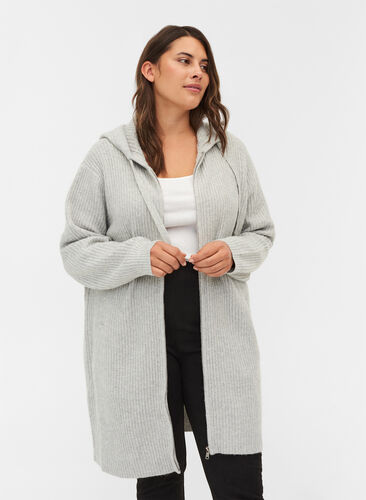 Long, hooded knit cardigan with zip, Light Grey Melange, Model image number 0