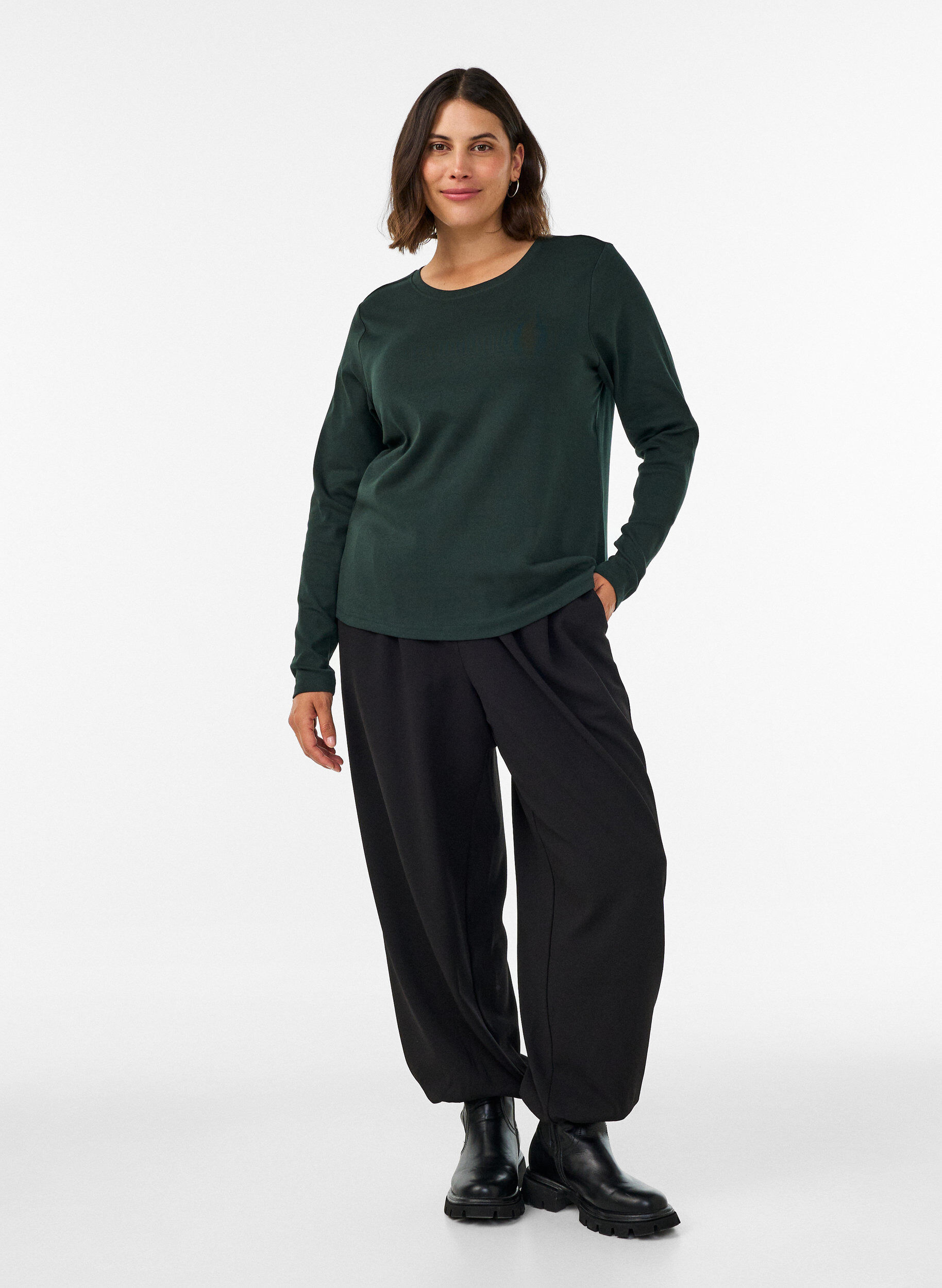 ZizzifashionLong-sleeved basic T-shirt with round neck, Green, Model image number 1