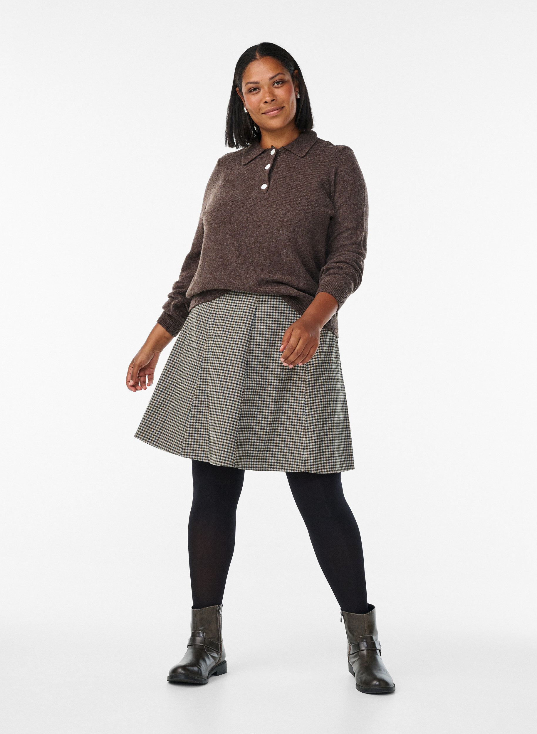 Zizzifashion Knit blouse in soft merino blend with polo collar, Brown, Model image number 1