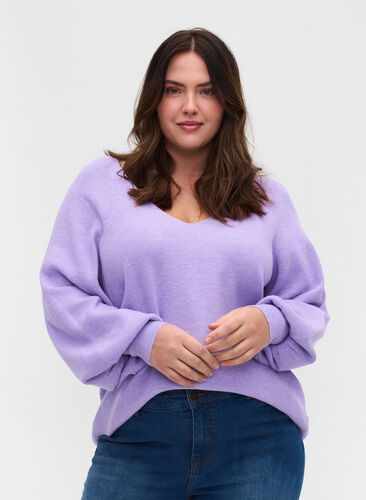 Knitted blouse with v-neck and puff sleeves, Purple Rose Mel, Model image number 0