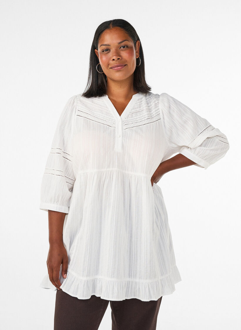 Tunic with eyelet embroidery details and 3/4 sleeves, Vanilla, Model image number 0