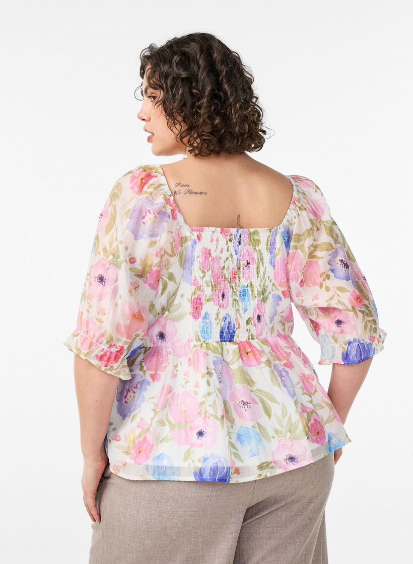 Lyocell blouse with floral print and sweetheart neckline, White, Model image number 2