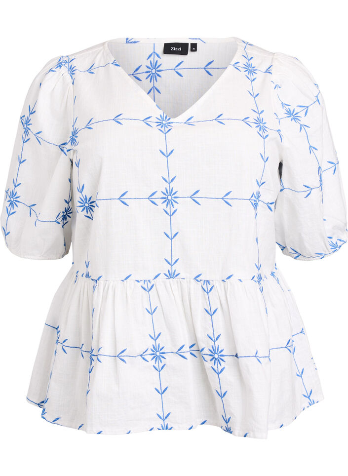 Short-sleeved blouse with V-neck and embroidery, White, Packshot image number 0